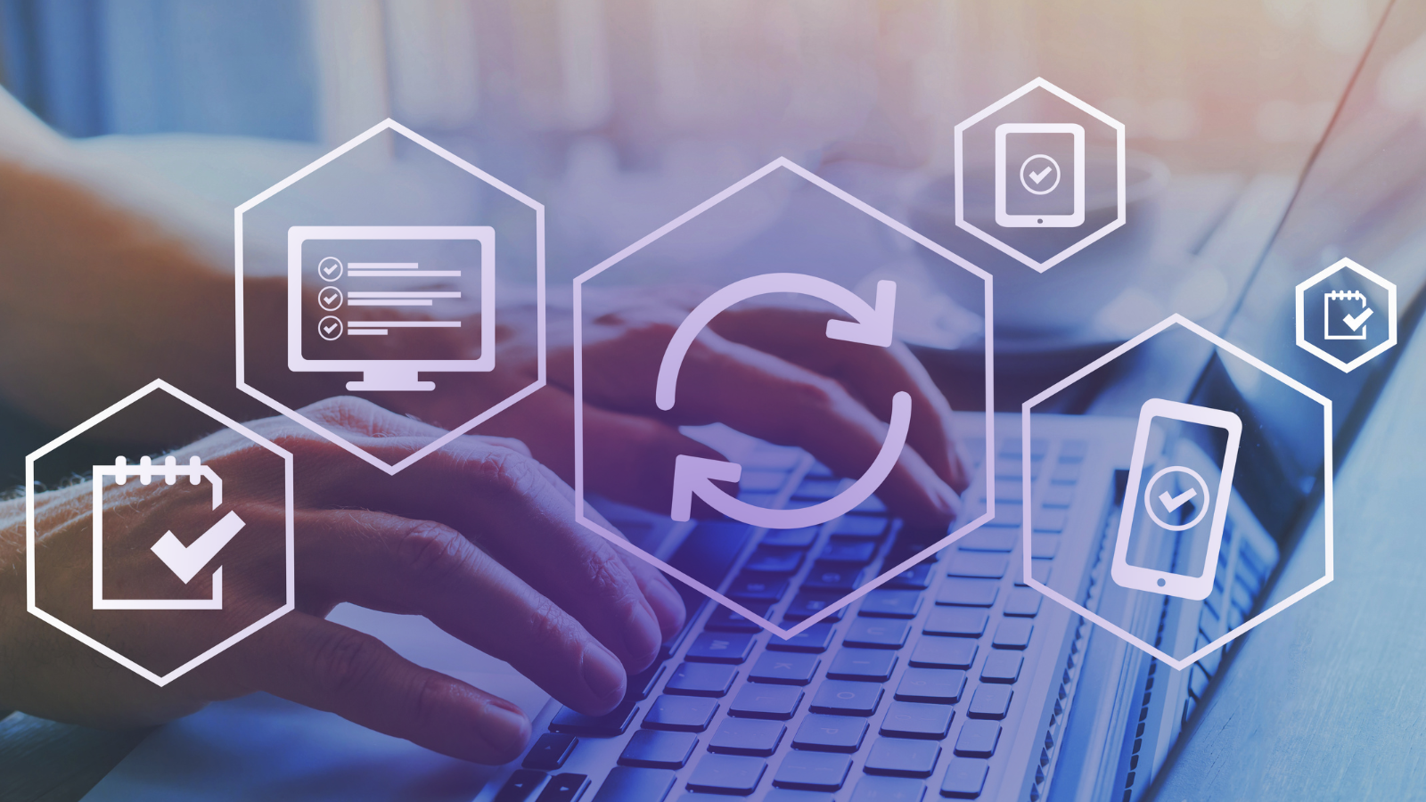 close-up of hands typing on a laptop with overlaid digital icons representing online processes, access and digital systems